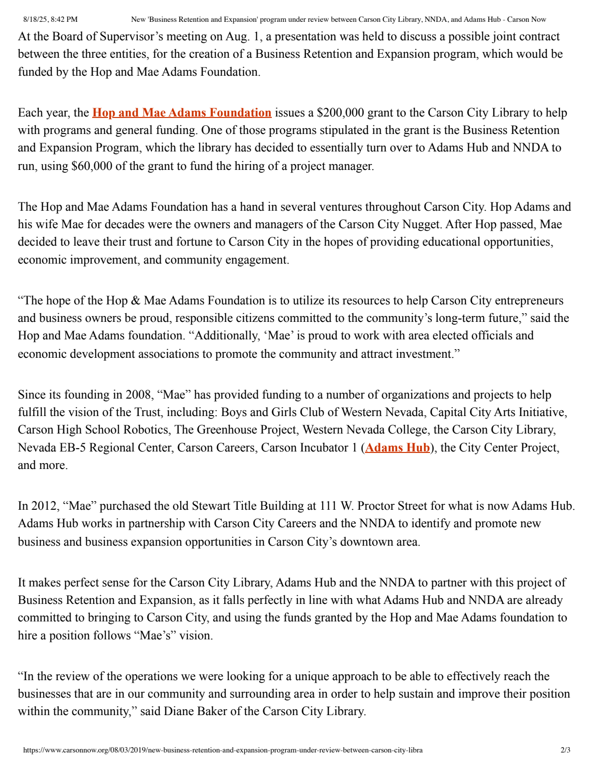 Foundation-funded Adams Hub and NNDA program