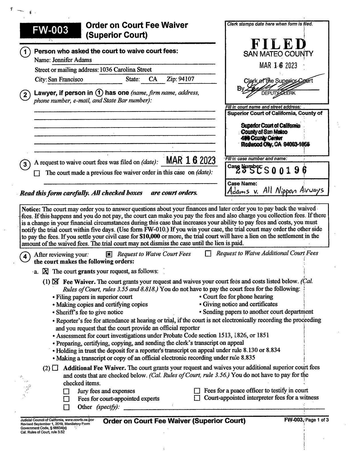 ANA case fee-waiver order