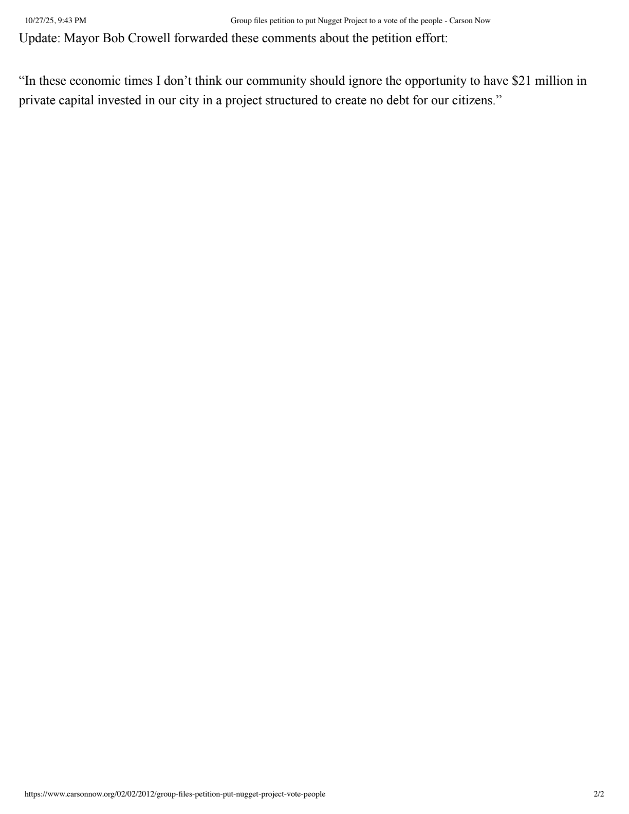 Mayor Crowell's response to the Nugget Project petition