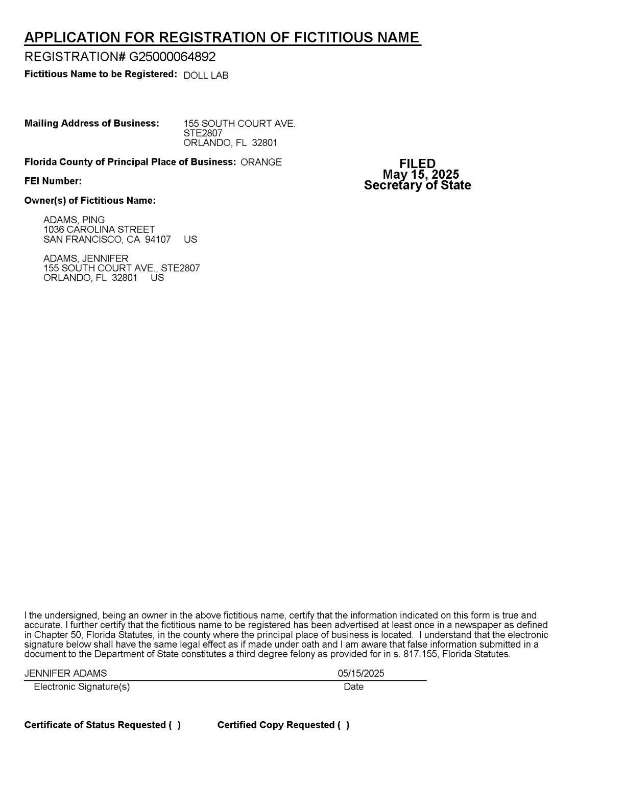 DOLL LAB fictitious-name application