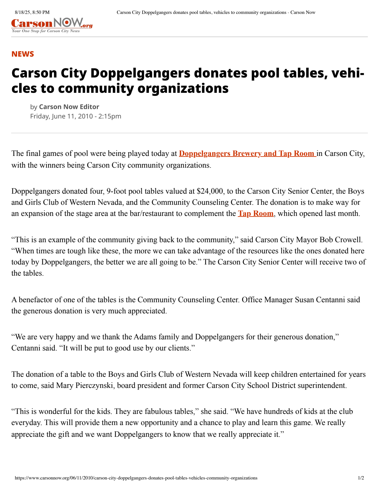 Doppelgangers pool-table and vehicle donations