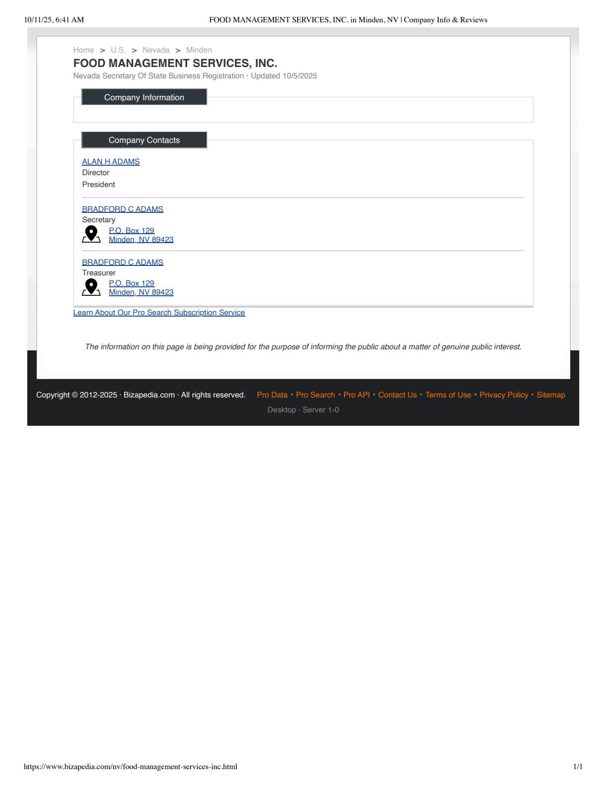 Food Management Services, Inc.