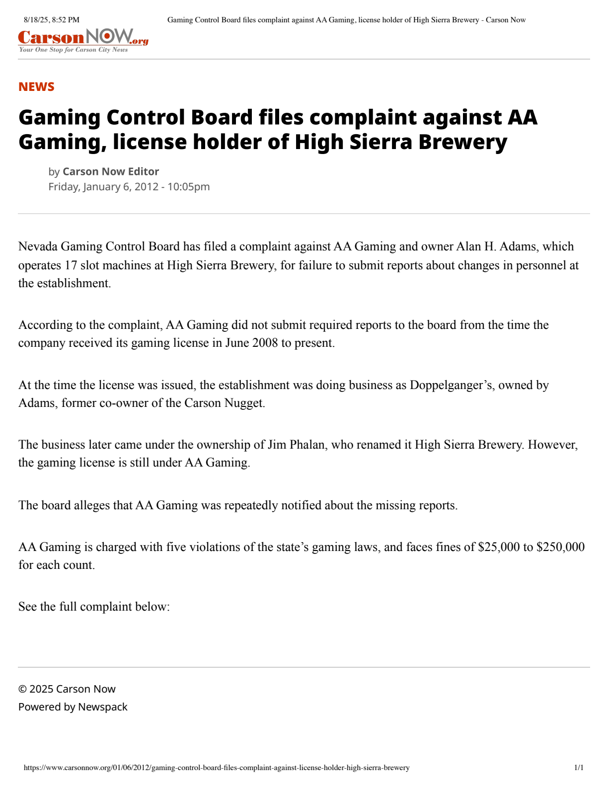 Clean render of the archived Carson Now report on the January 2012 gaming complaint