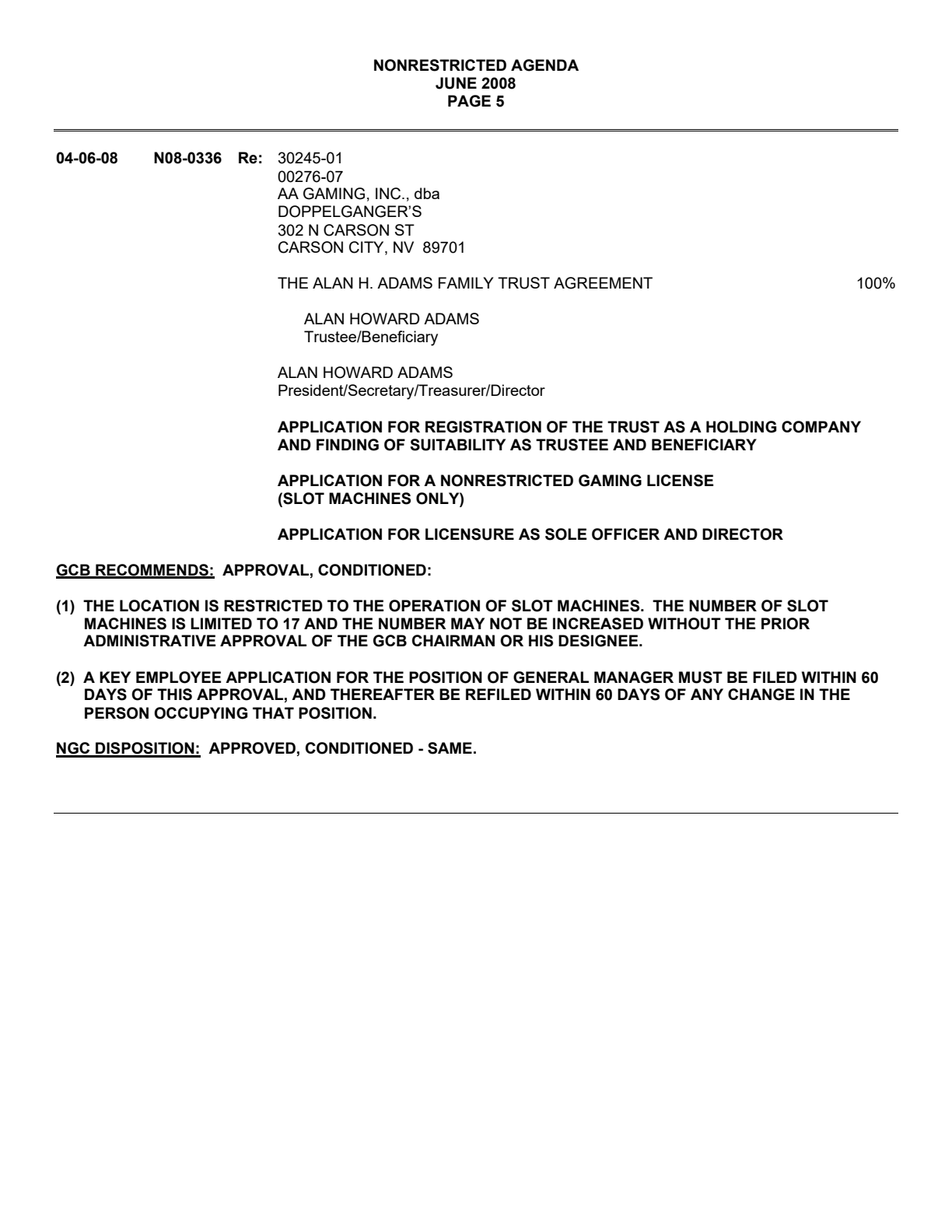 Clean render of the Nevada Gaming Commission record identifying AA Gaming Inc. doing business as Doppelganger's at 302 N. Carson Street