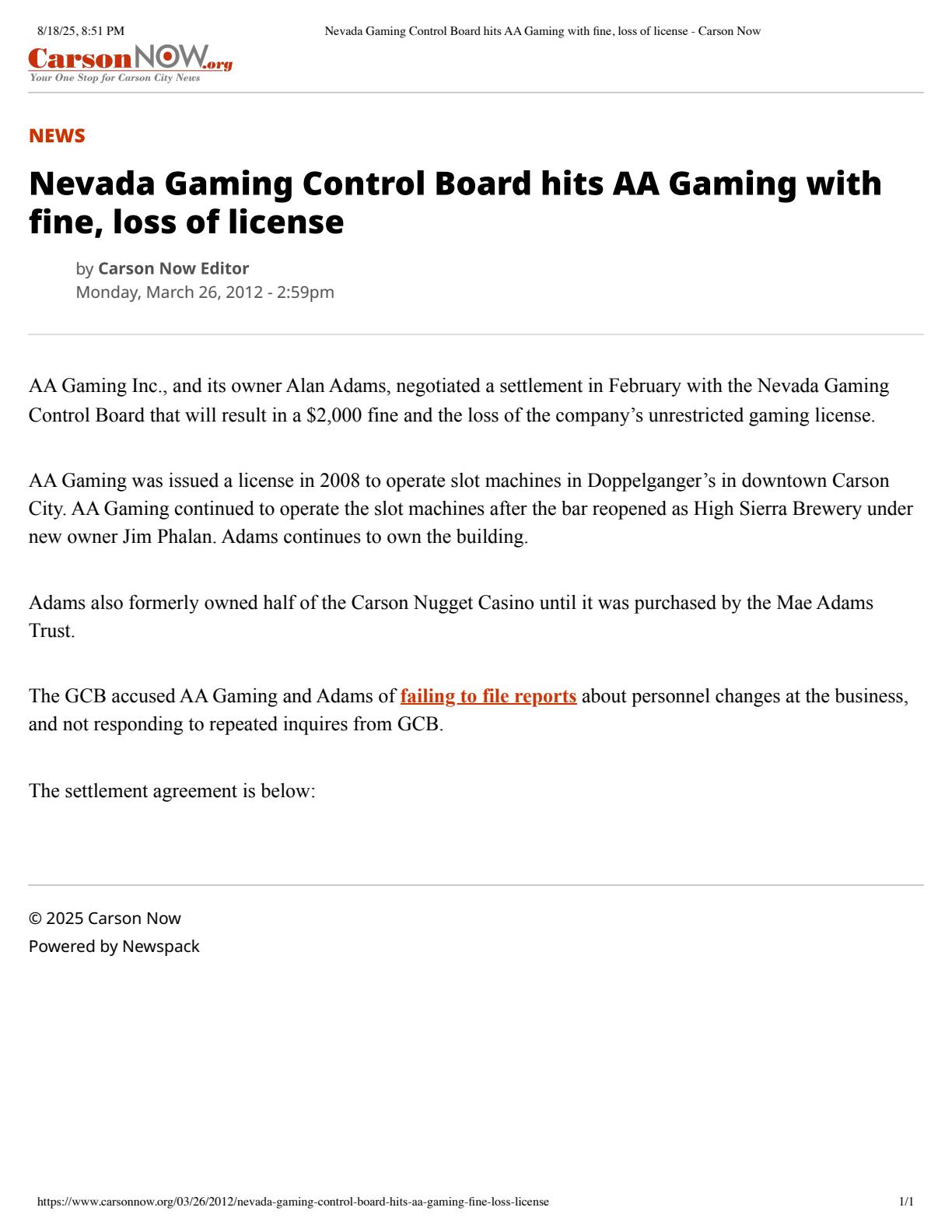 Clean render of the archived Carson Now report on the March 2012 AA Gaming settlement