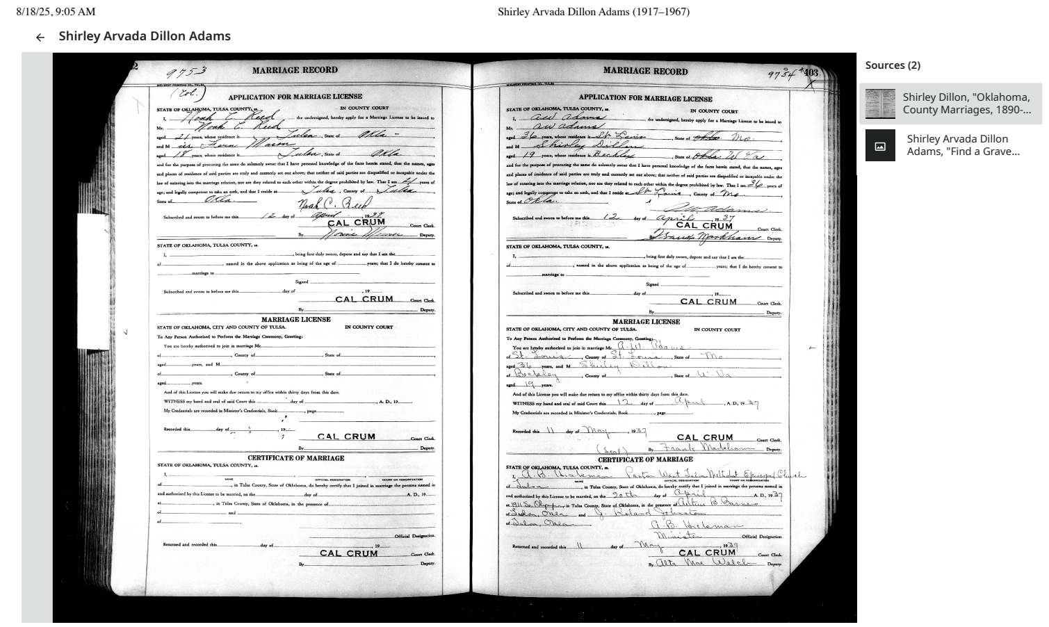 1937 Oklahoma marriage-record evidence