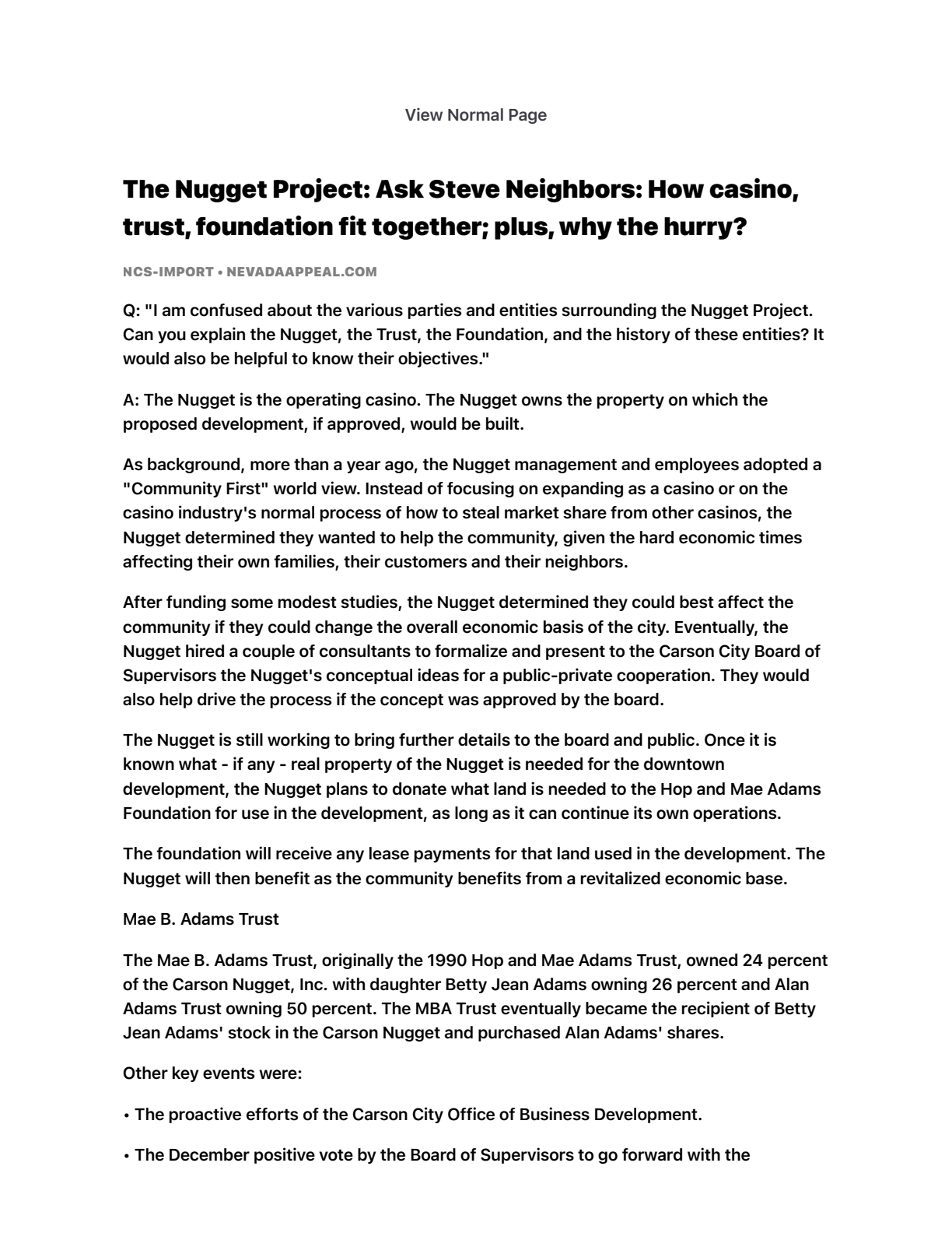 Carson Nugget, Mae B. Adams Trust and Foundation structure