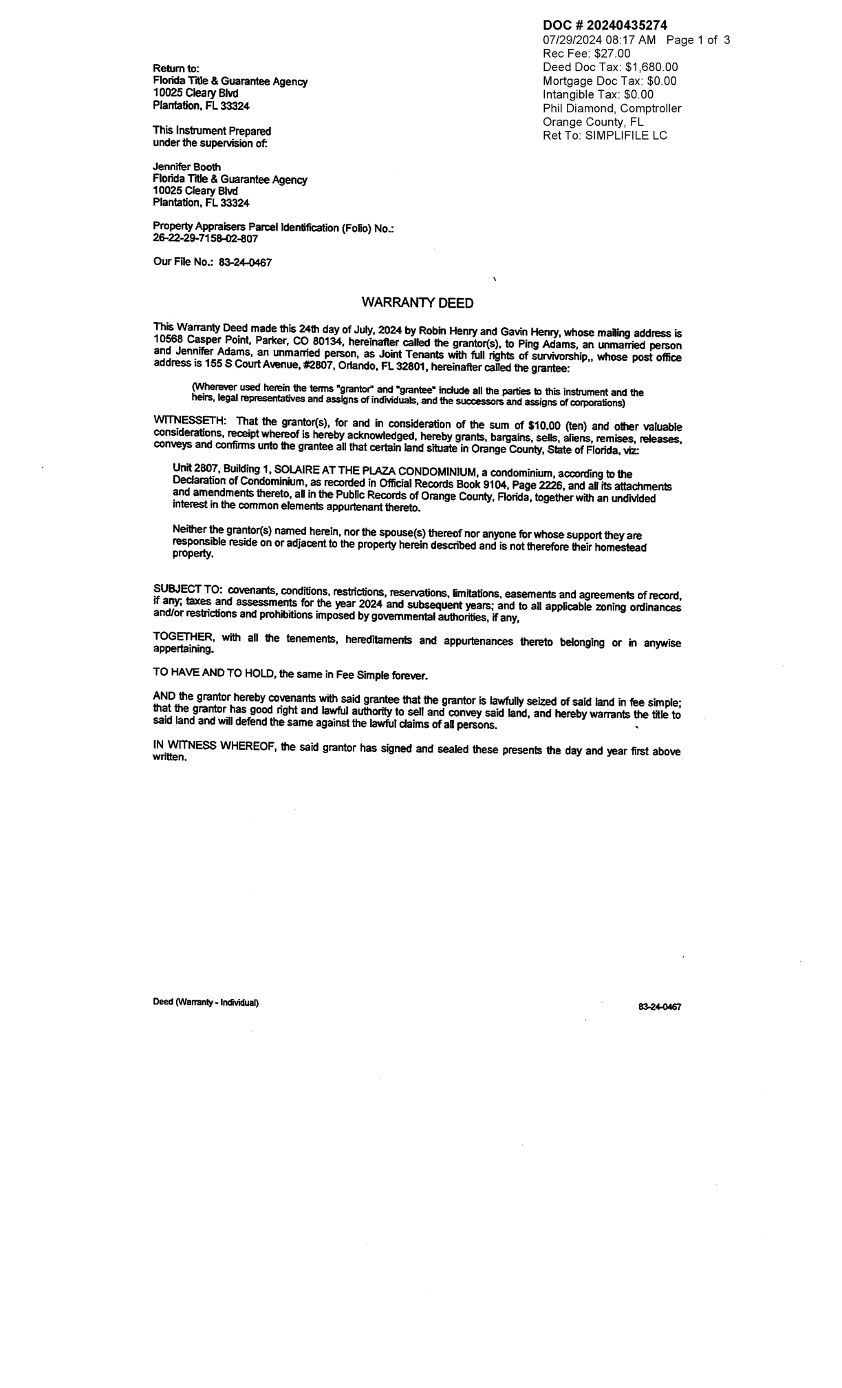 Orlando condominium warranty deed