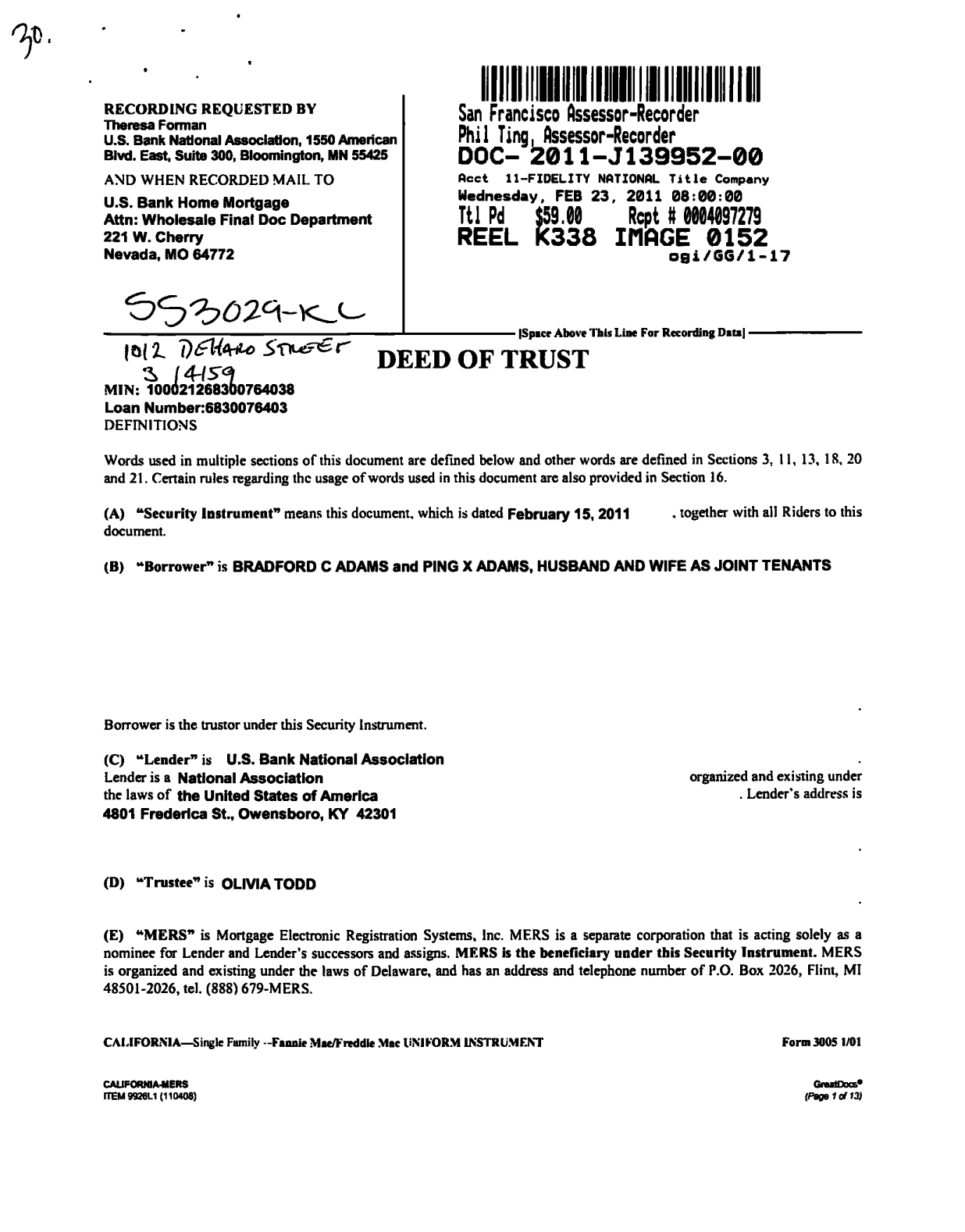 Clean render of the recorded 2011 deed of trust identifying Bradford Adams and Ping Adams as joint tenants at 1012 De Haro Street