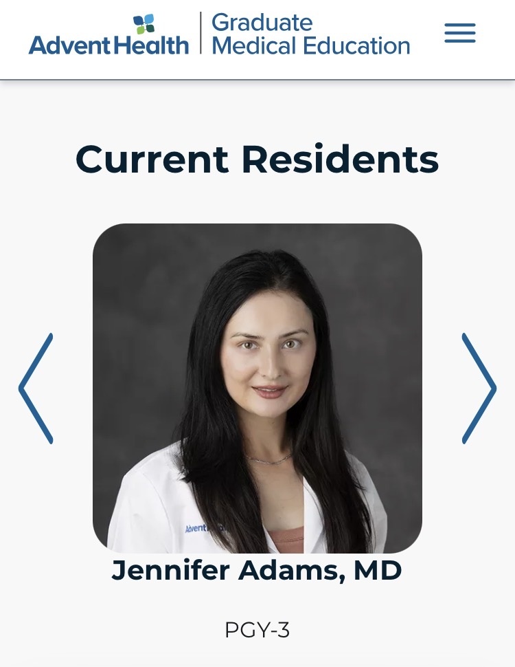 AdventHealth Graduate Medical Education roster listing Jennifer Adams, MD